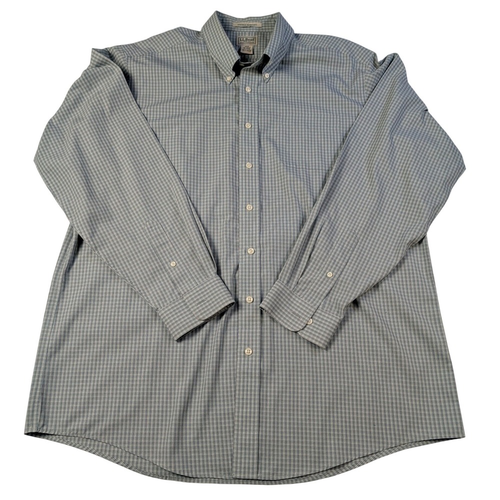 LL Bean Mens XL Tall Wrinkle Resistant Button Down Shirt Blue Plaid Long Sleeve